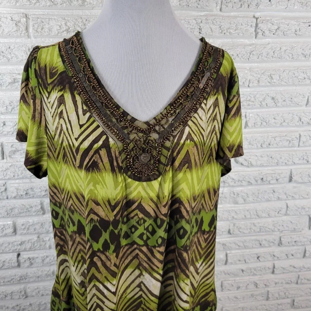 Avenue Women's 18/20 Plus Green Geometric Beaded Sequin Flutter Sleeve GEO186E